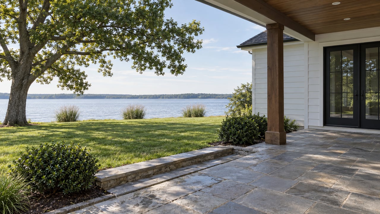 Bluestone terrace steps down to a broad lawn ending at calm water beneath a spreading oak.