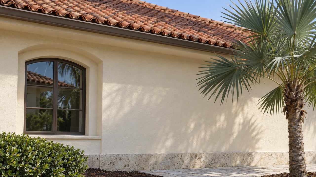 Red clay-tile roof and continuous eave above ivory stucco, an arched window, and a fan palm.