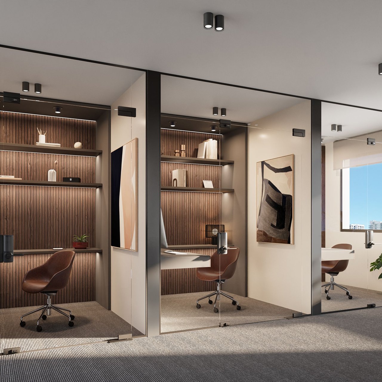 Glass-enclosed office with wood-paneled shelving, brown swivel chairs, and a bright window.
