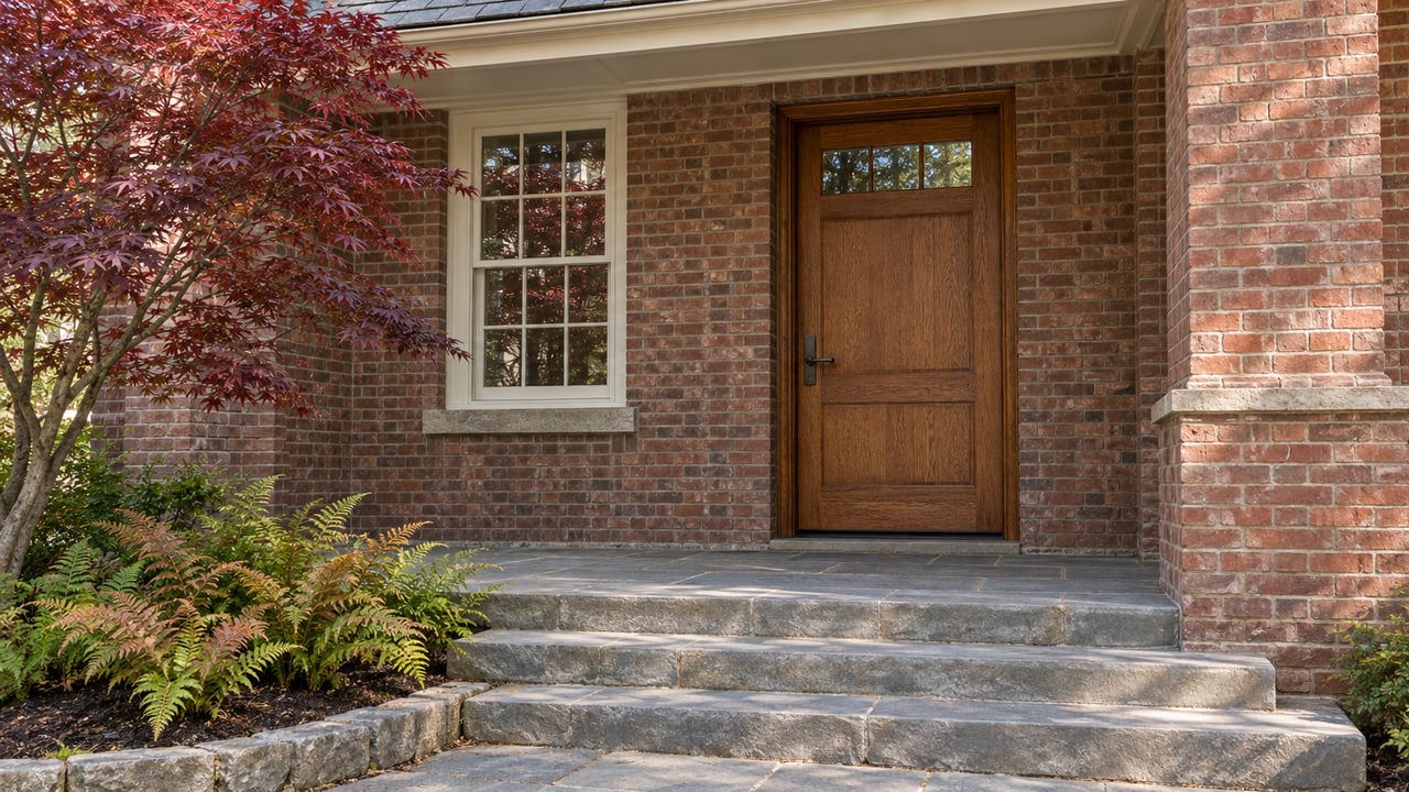 Oak front door and ivory-framed window in a brick facade above worn stone steps, with a red-leaf maple and copper-green ferns beside the approach.