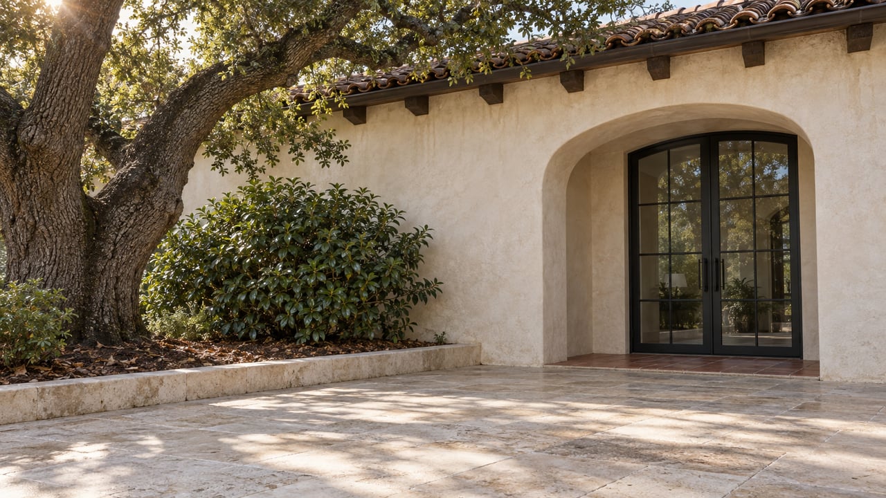 Spanish-style home entrance with arched black-framed glass doors and a shaded stone courtyard.