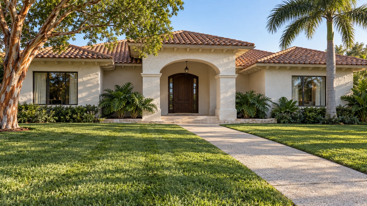 Sunlit stucco home with a terracotta tile roof, arched entry, deep green lawn and sculptural tropical trees.