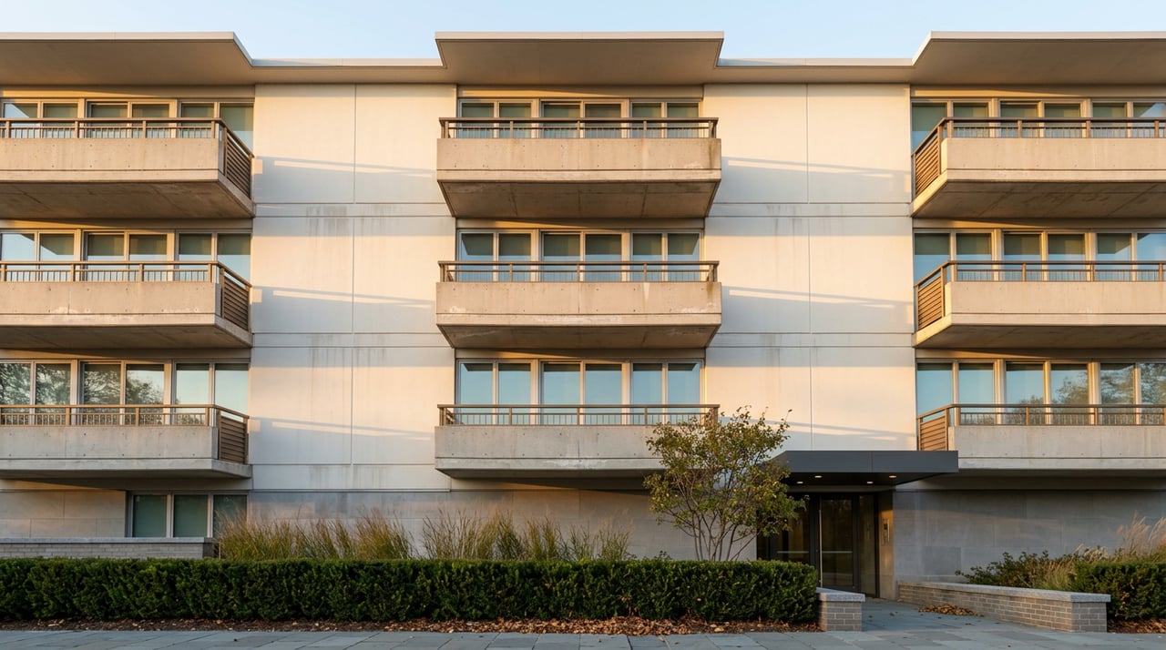 Condominium facade with four stacked rows of concrete balconies, bronze railings, and a planted entry walk.