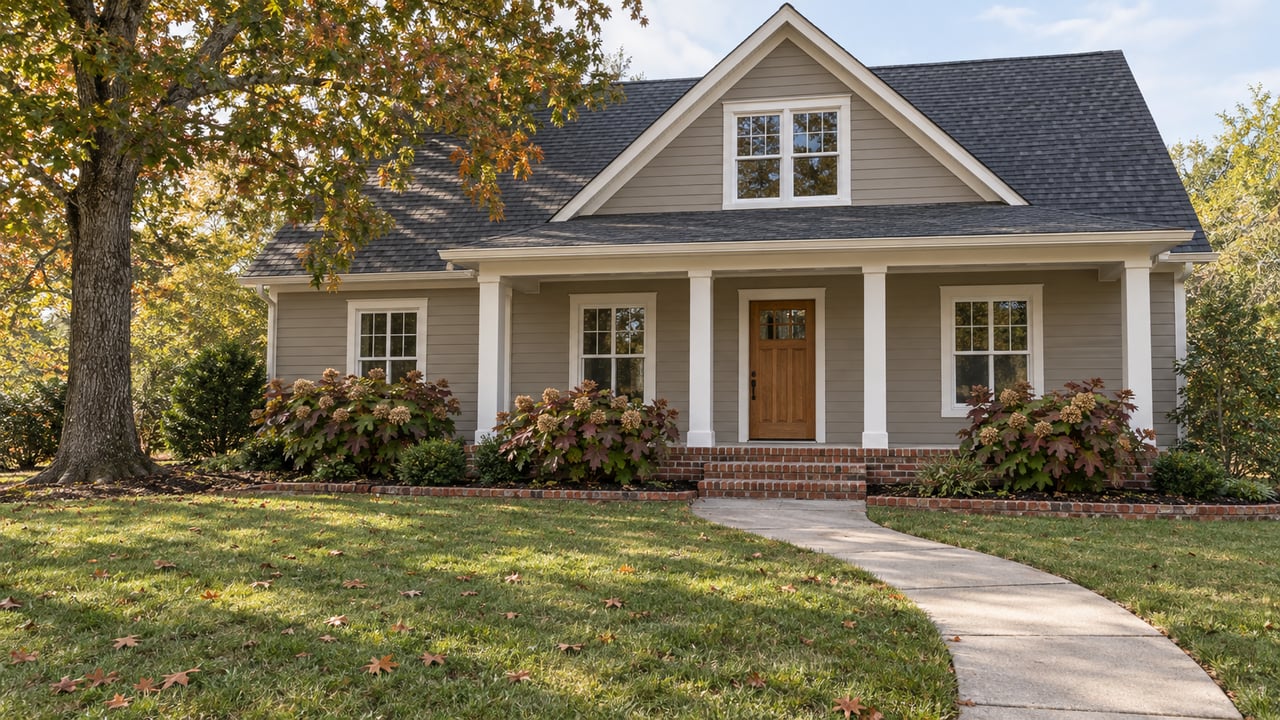 Greige gabled home with white porch trim, a broad autumn lawn, a mature oak and oakleaf hydrangeas beside a curved concrete walk.