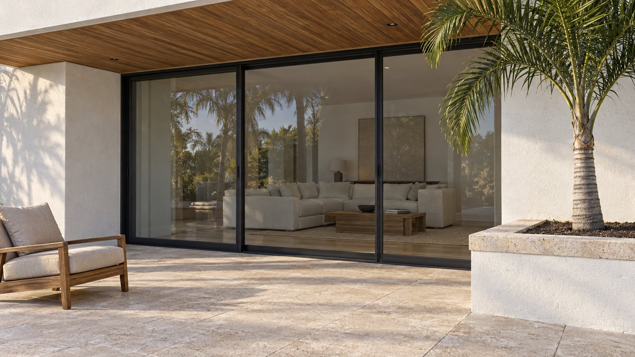 A shaded teak-roofed terrace with pale limestone paving, closed black-framed glass doors and a specimen palm beside a white contemporary home.