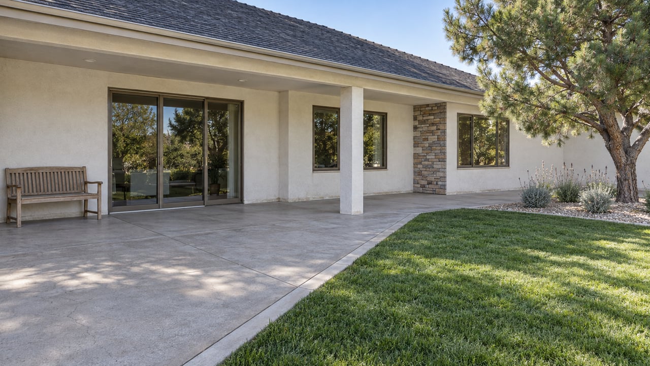 Single-story stucco home with a covered concrete backyard patio, bronze-framed glazing, a teak bench, and lawn beside a specimen pine.