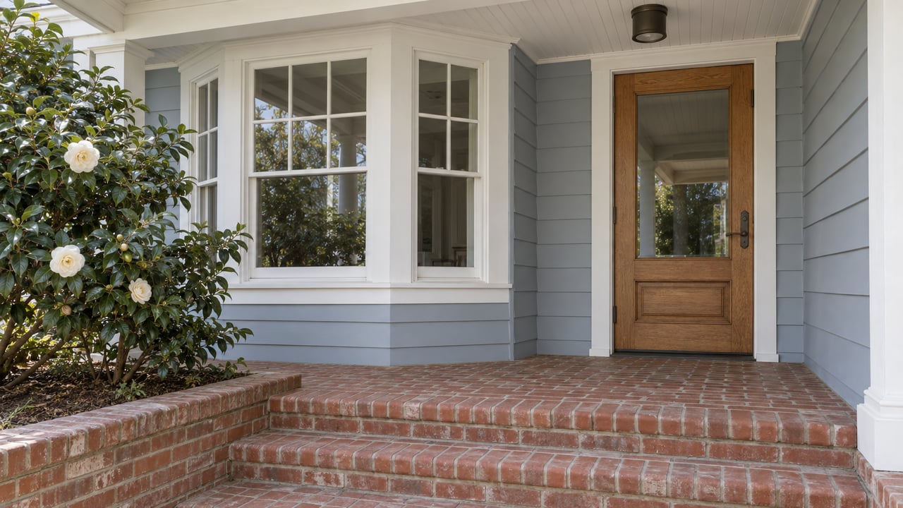 Light blue-gray clapboard porch with white bay windows, a glazed oak entry door, worn brick steps and an ivory-flowering camellia.