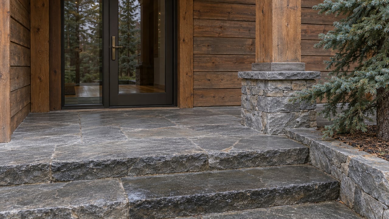 Warm timber and gray stone entrance with a bronze-framed glass door, broad damp steps and spruce branches.
