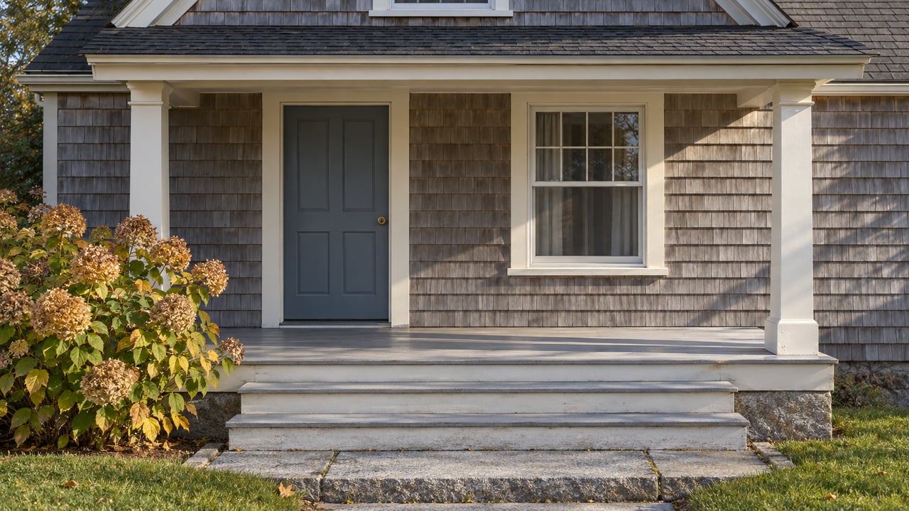 Cedar-shingled home with cream porch posts, a slate-blue front door, granite landing and autumn hydrangea.