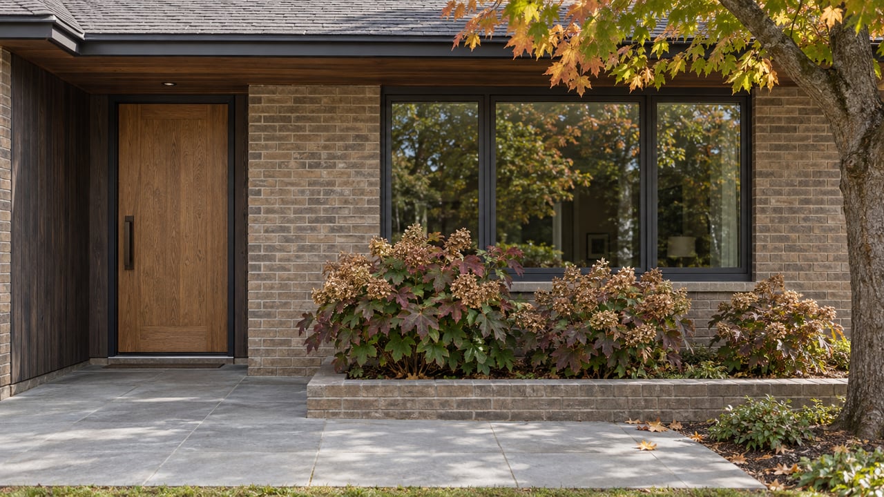 Brick and cedar home entry with a weathered oak door, broad window and limestone terrace beside oakleaf hydrangeas and a mature maple.