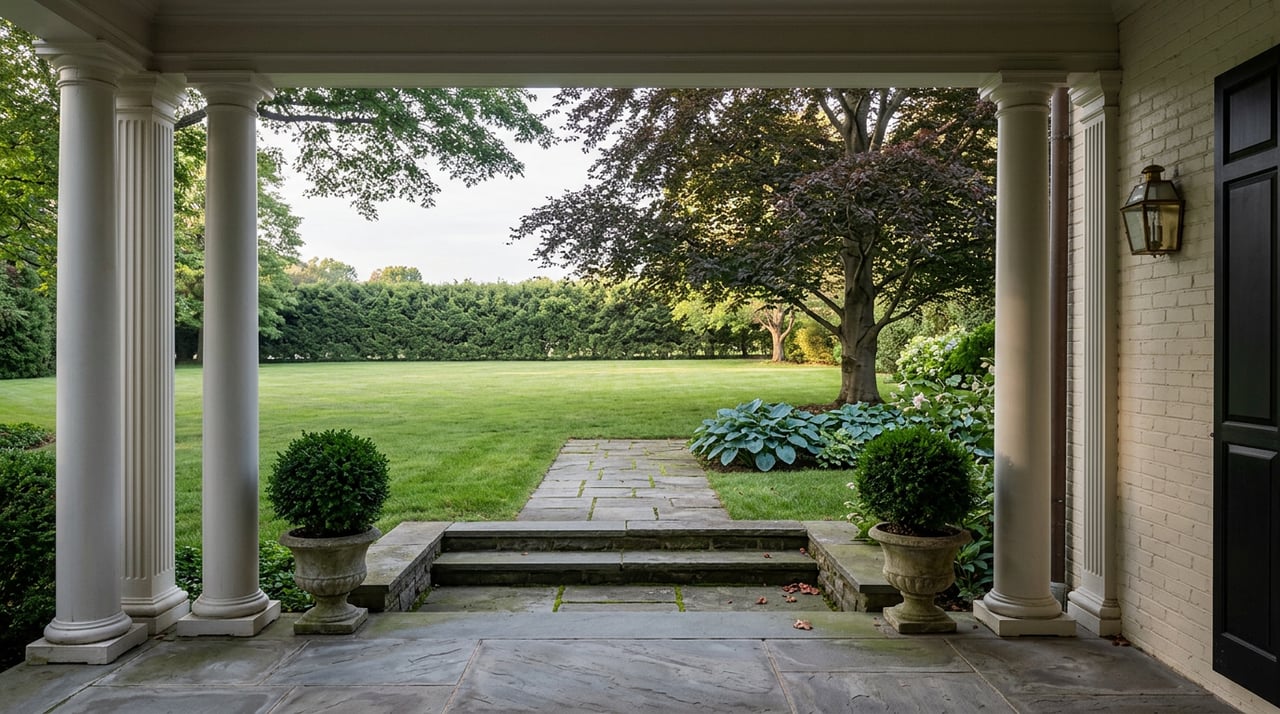 White fluted columns frame bluestone steps and a lawn with a bronze-purple beech tree and clipped hedge.