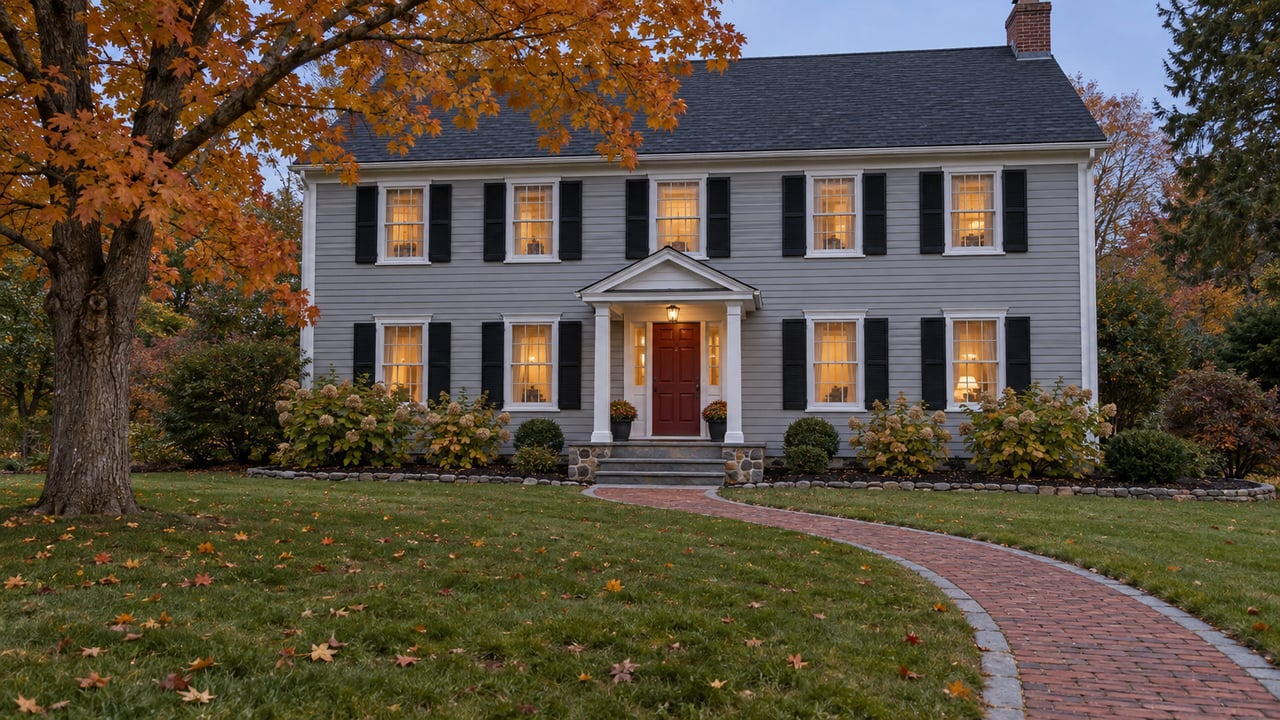 Gray clapboard colonial with a red front door, brick approach, broad autumn lawn and an orange-leaved maple at dusk.