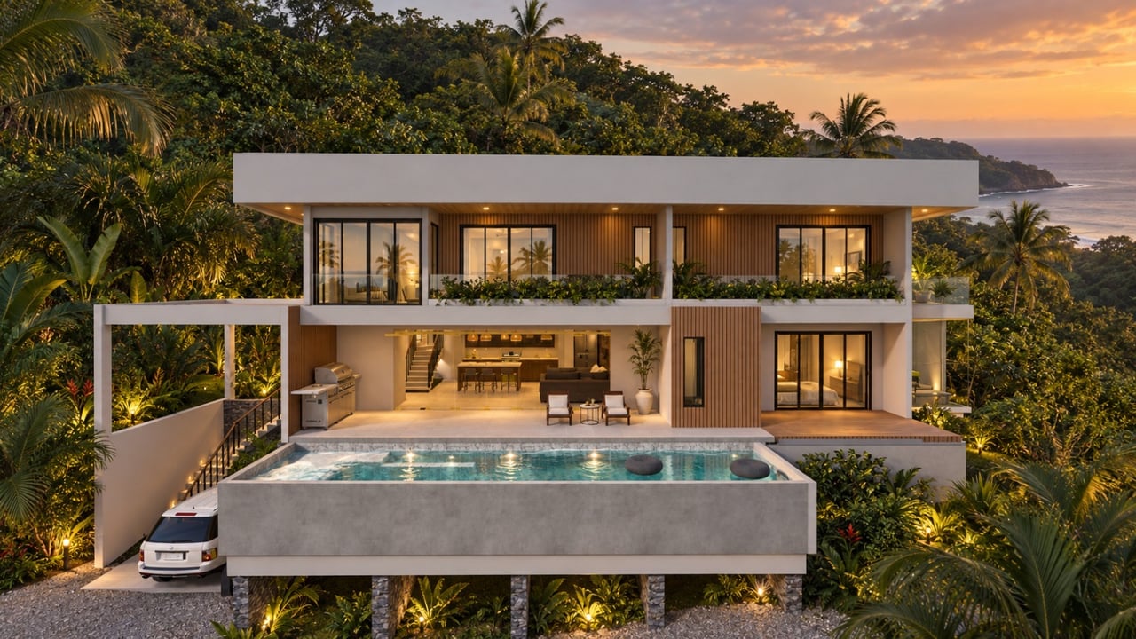 Modern two-story coastal home with an infinity pool, surrounded by tropical greenery overlooking the ocean at dusk.