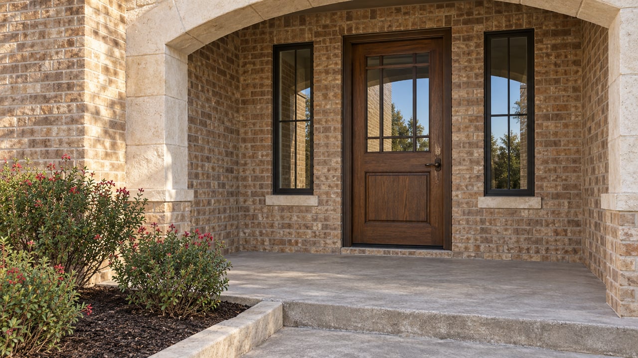 Warm brick home entry with a limestone arch, oak door, paired black-framed windows, and flowering sage beside a concrete porch.