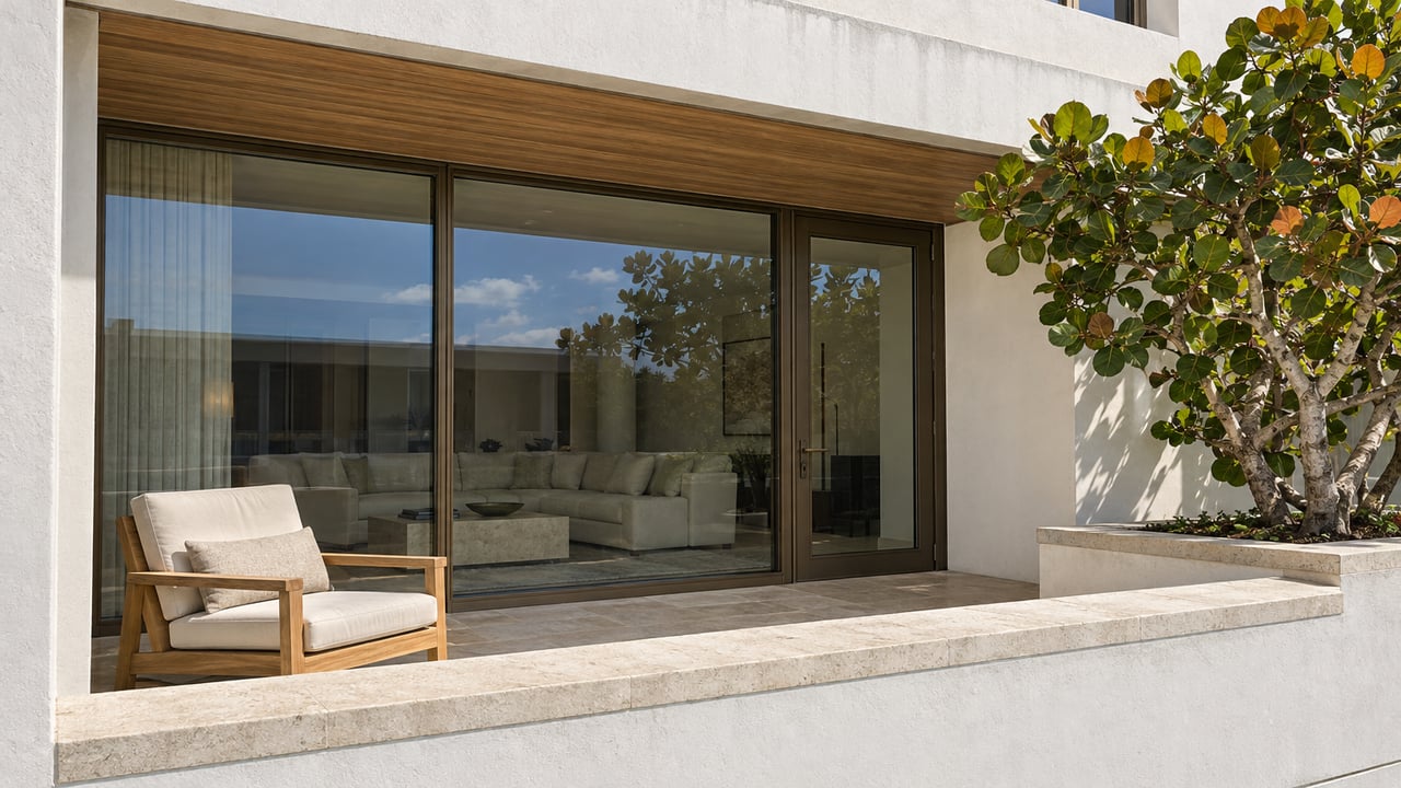 White stucco condominium terrace with bronze-framed glass, a timber soffit, limestone parapet and one sculptural sea-grape tree.