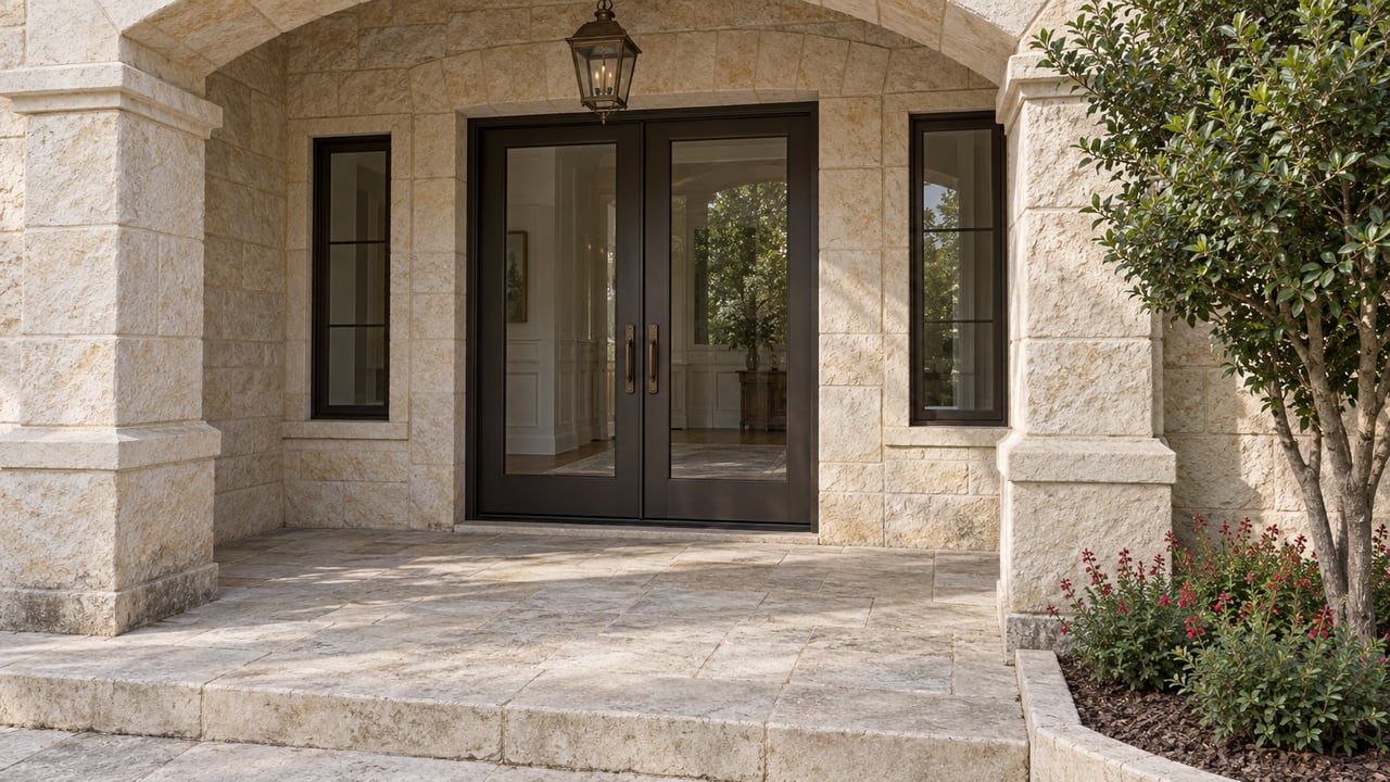 Covered limestone entry with paired dark bronze glass doors, stone paving and a carefully placed small tree.