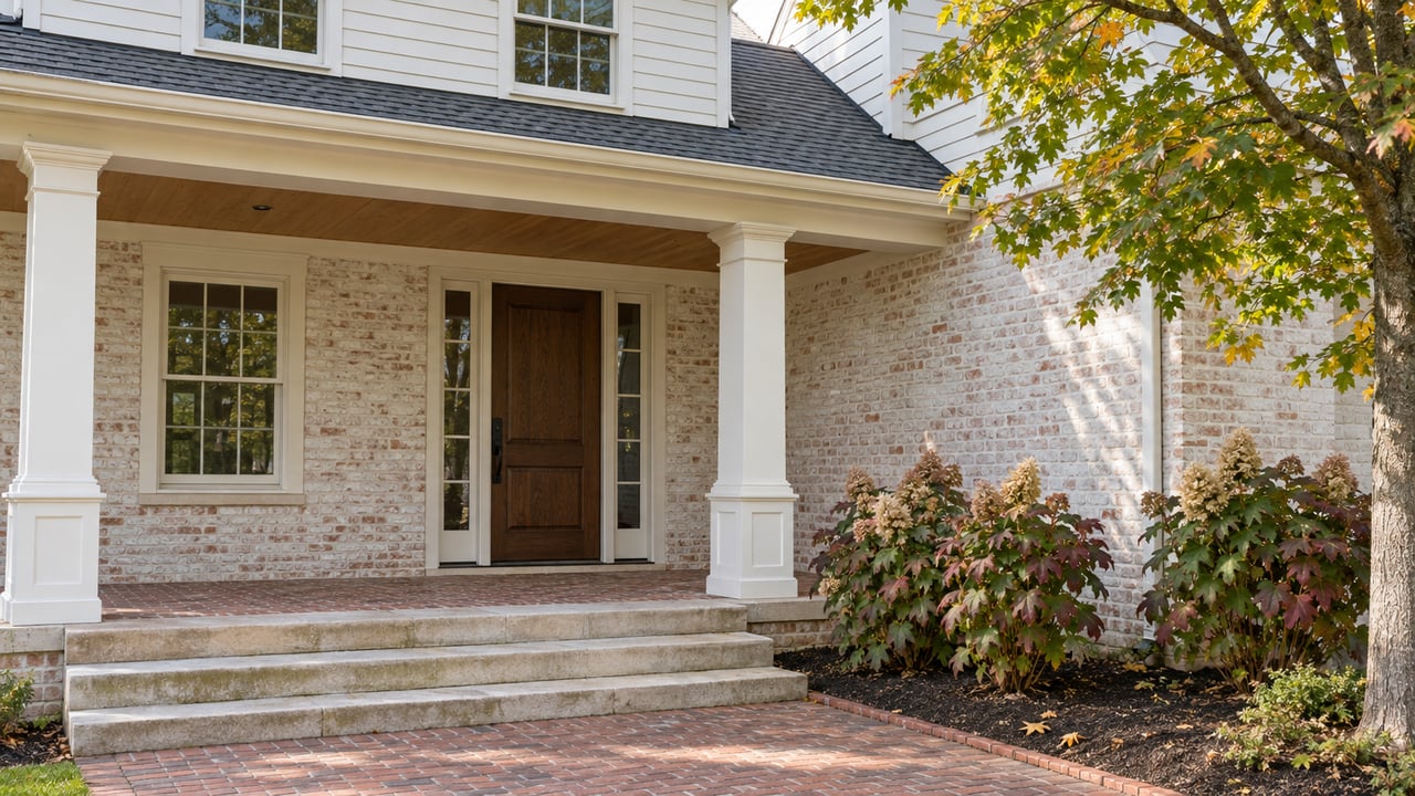 Cream limewashed brick home with a dark oak entry, limestone porch steps, and oakleaf hydrangeas beginning to turn burgundy.