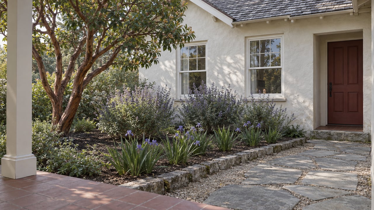 Ivory stucco cottage with a red door, weathered shingle roof, and a sandstone garden path viewed from a sheltered brick-paved porch.