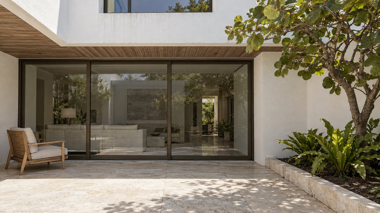White-stucco courtyard home with closed glass doors, a limestone terrace, a teak lounge chair and a sea-grape tree.