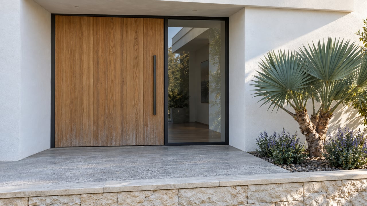 Modern home entrance with a tall wooden door, glass sidelight, and yucca plant.