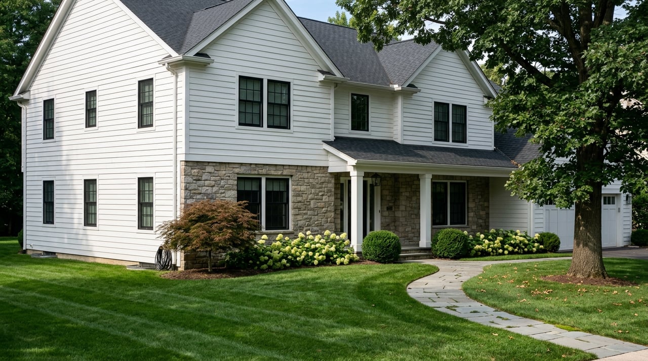 Two-story Colonial house with a stone lower facade, curved paver walkway, broad lawn, and mature oak tree.