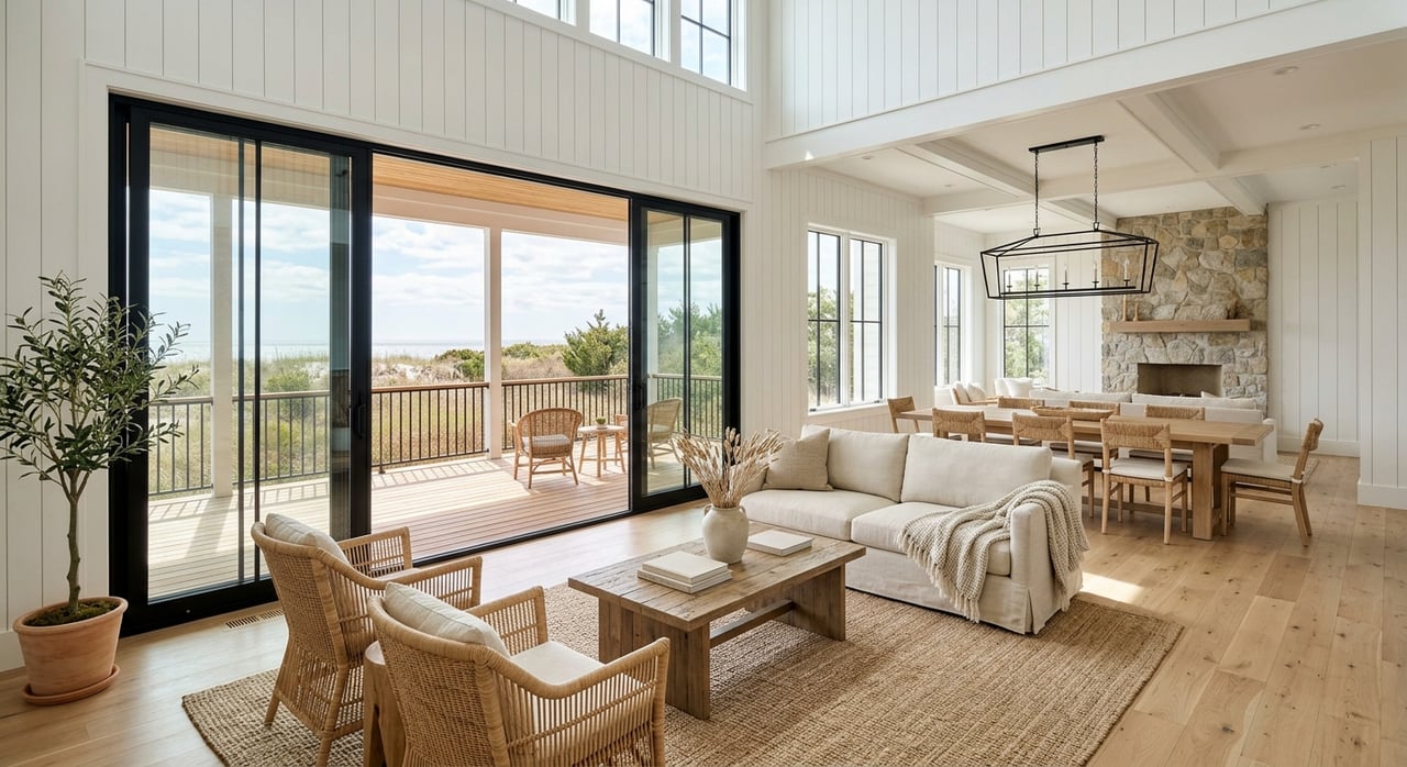Coastal living room with linen sofa, rattan chairs, driftwood table, and sliding doors opening onto a planted deck.