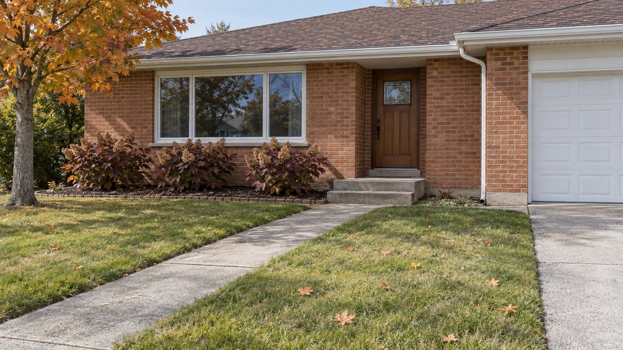 Orange-red brick ranch with white-trimmed picture window, recessed wood entry, concrete front walk and autumn lawn.