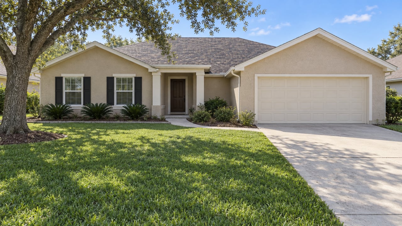 A sandy-beige single-story home with a two-car garage, deep green front lawn, and a mature spreading oak.