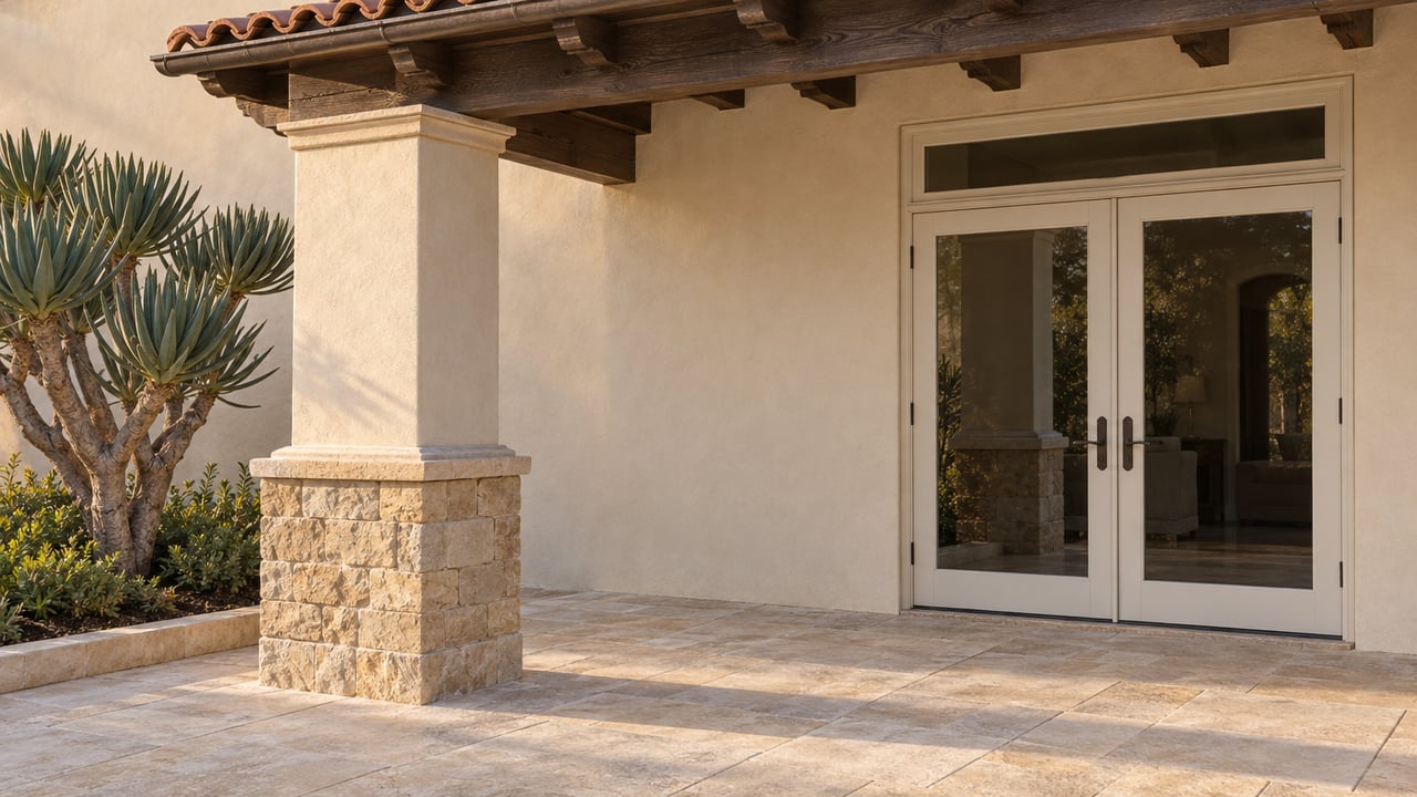 Warm afternoon light on a stucco loggia with clay roof tiles, a stone-based column, closed French doors and a sculptural fan aloe.