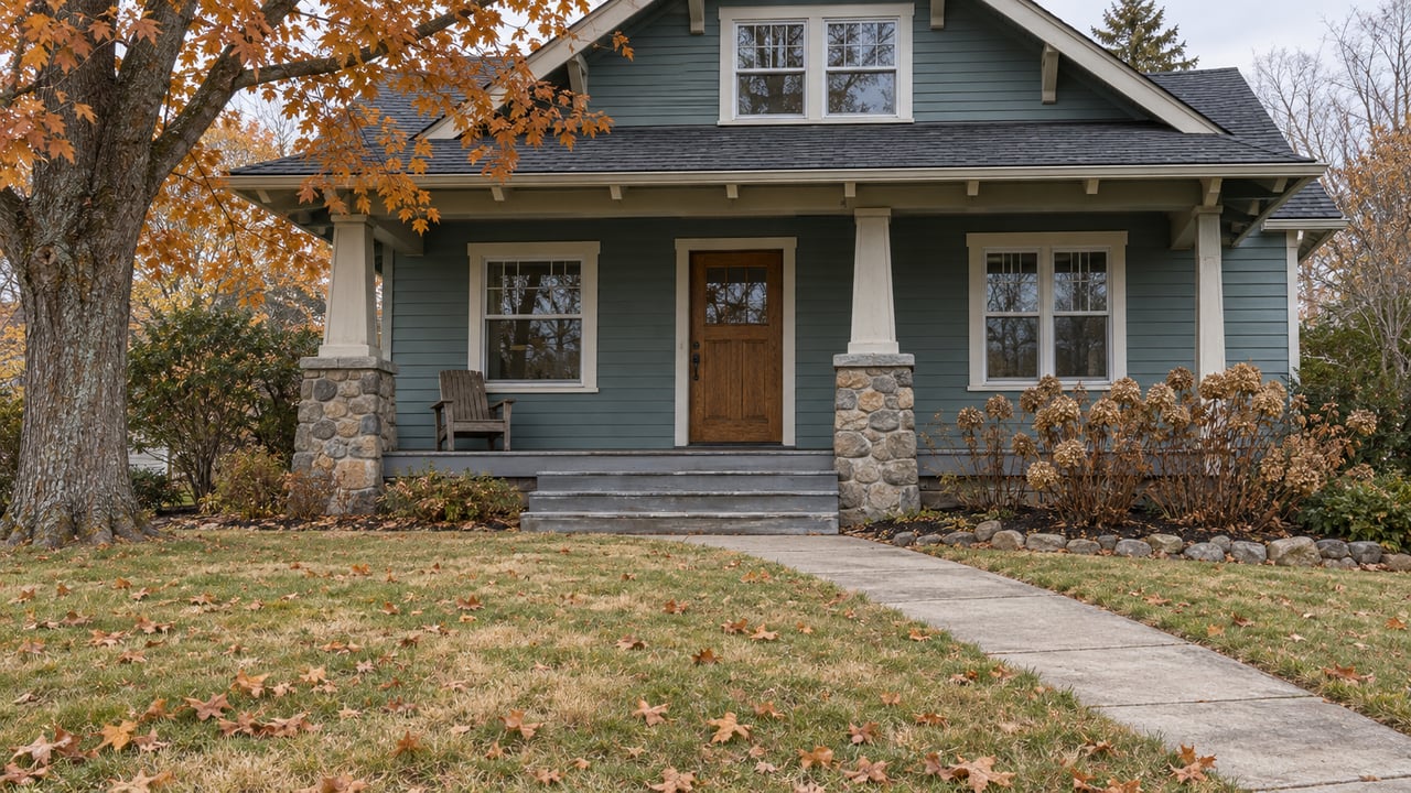 Blue-green Craftsman home with a stone-based porch, dormant front lawn and a copper-leaved maple in soft autumn daylight.