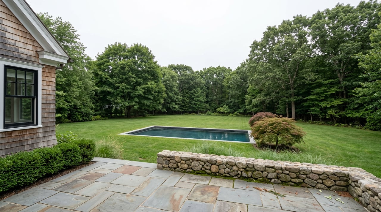 Bluestone terrace and fieldstone wall overlook a rectangular pool, lawn, Japanese maple, and mature tree line.