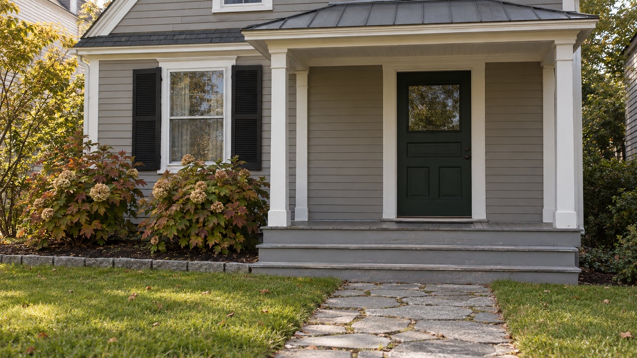 Gray clapboard home with a green front door, white covered porch, granite garden path and autumn oakleaf hydrangeas.