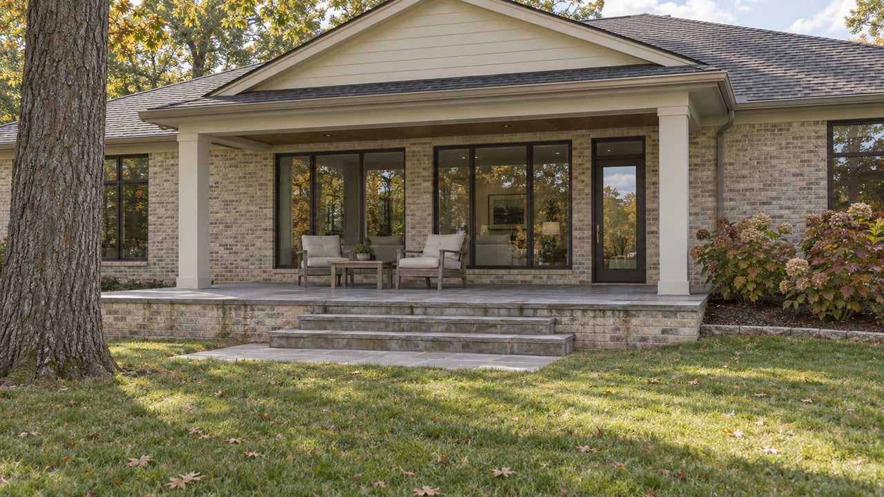 Light-brick home with a covered sandstone terrace, teak chairs and autumn oakleaf hydrangeas above a gently sloping lawn.