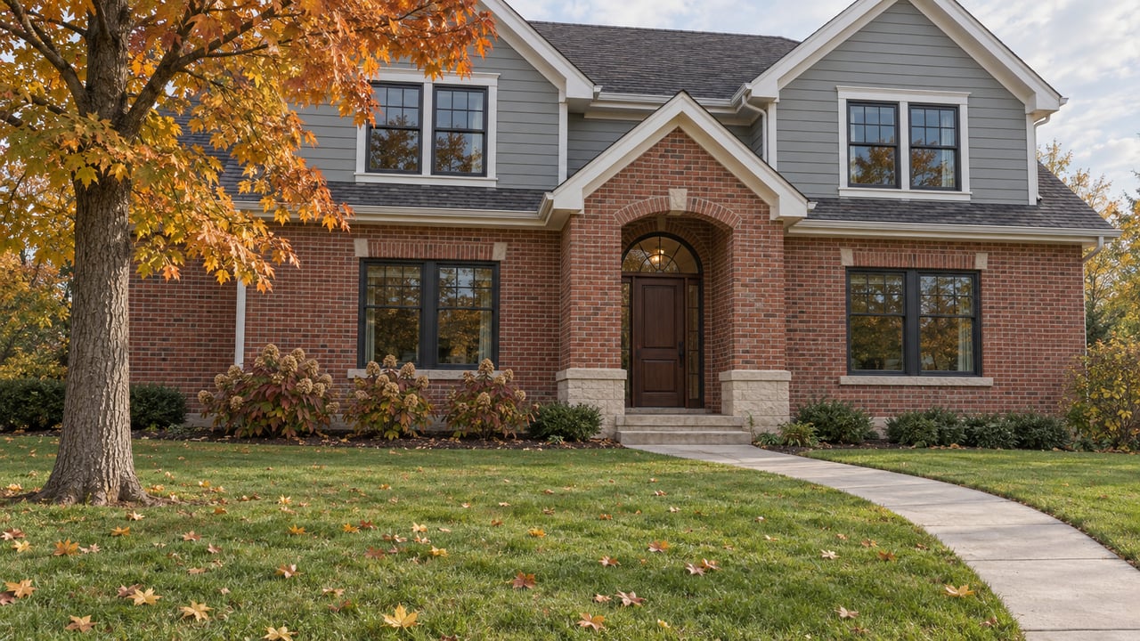 Autumn lawn and curved concrete walk leading to a red-brick and gray-sided home beneath steep gables, with a copper-colored sugar maple.