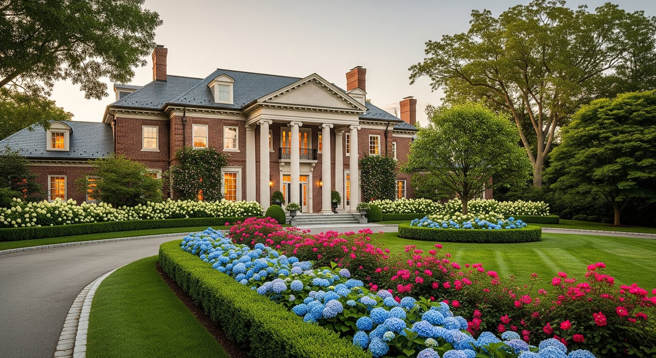 Red-brick mansion with white columns behind curved flowerbeds of blue and pink blooms.