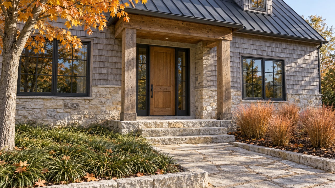 Autumn sunlight on a cedar-shingled house with limestone steps, dark-framed windows and a compact garden beneath an amber sugar maple.