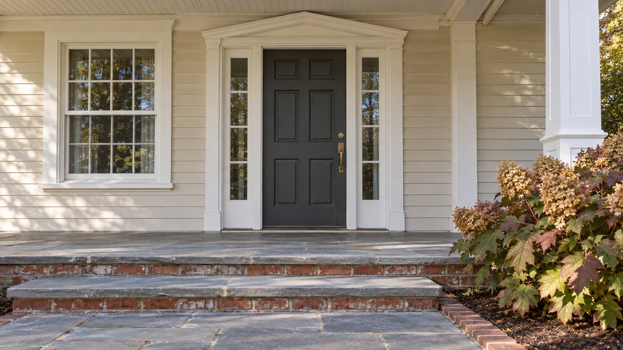 Cream clapboard home entry with a charcoal door, paired sidelights, weathered bluestone steps and an oakleaf hydrangea.