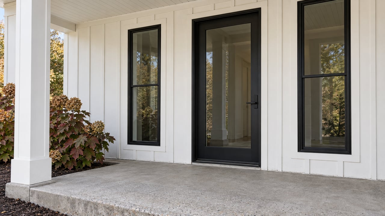 White board-and-batten home entrance with black-framed glass door and windows, a concrete porch, and bronze oakleaf hydrangea foliage.