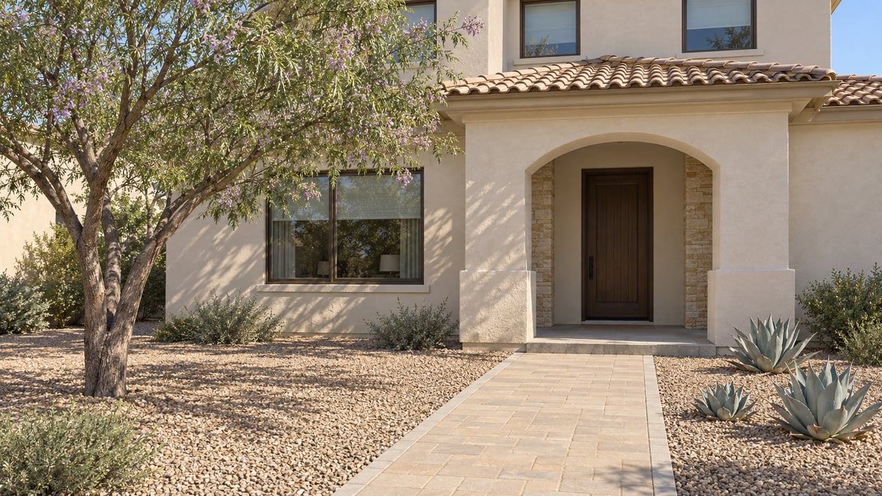 Two-story ivory stucco home with a tiled roof, recessed arched entrance, paved approach and sculptural desert planting.