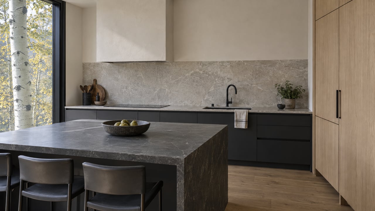 Condominium kitchen with a dark stone island, limestone backsplash, oak cabinetry, and an aspen visible through a window.