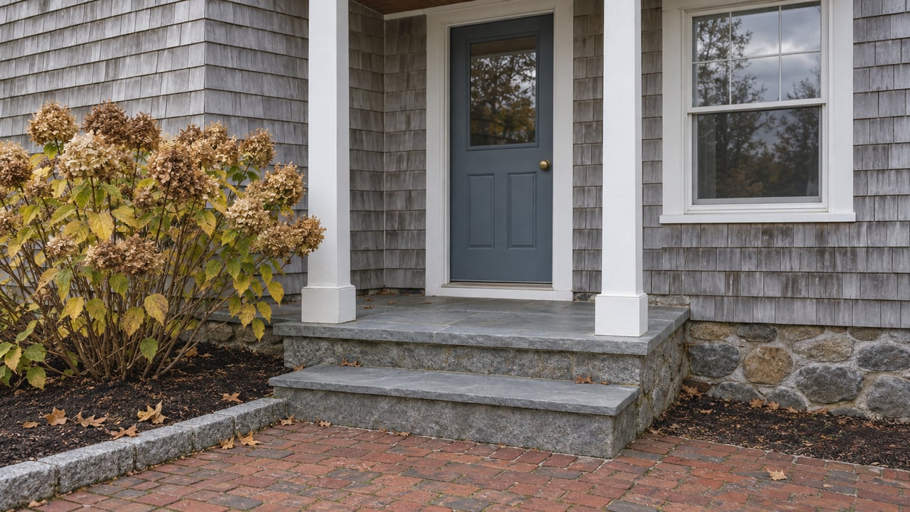 Weathered cedar cottage entrance with a slate-blue door, bluestone steps, brick approach and a hydrangea bearing dried autumn flowers.