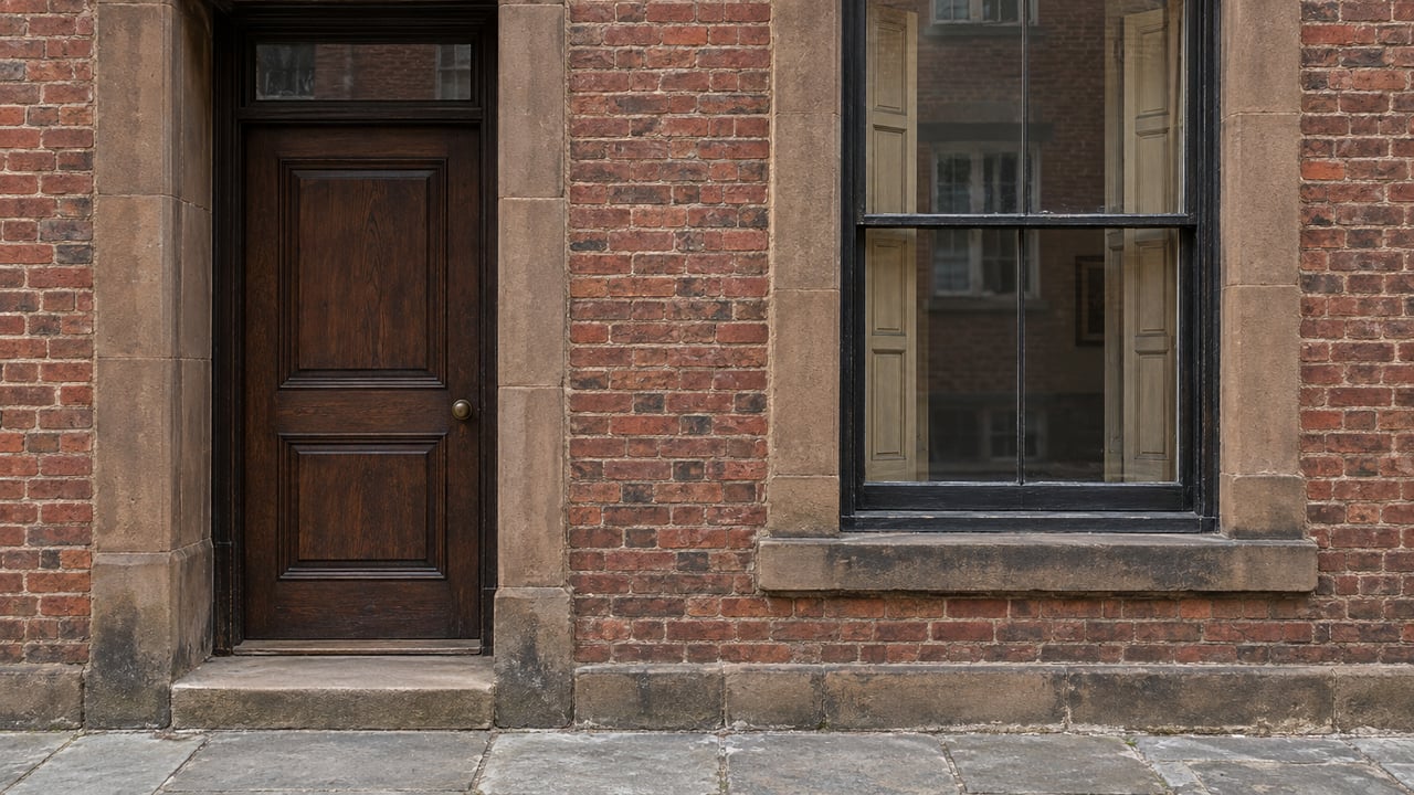Weathered sandstone and red brick surround a dark oak townhouse door and tall closed sash window above a worn flagstone sidewalk.