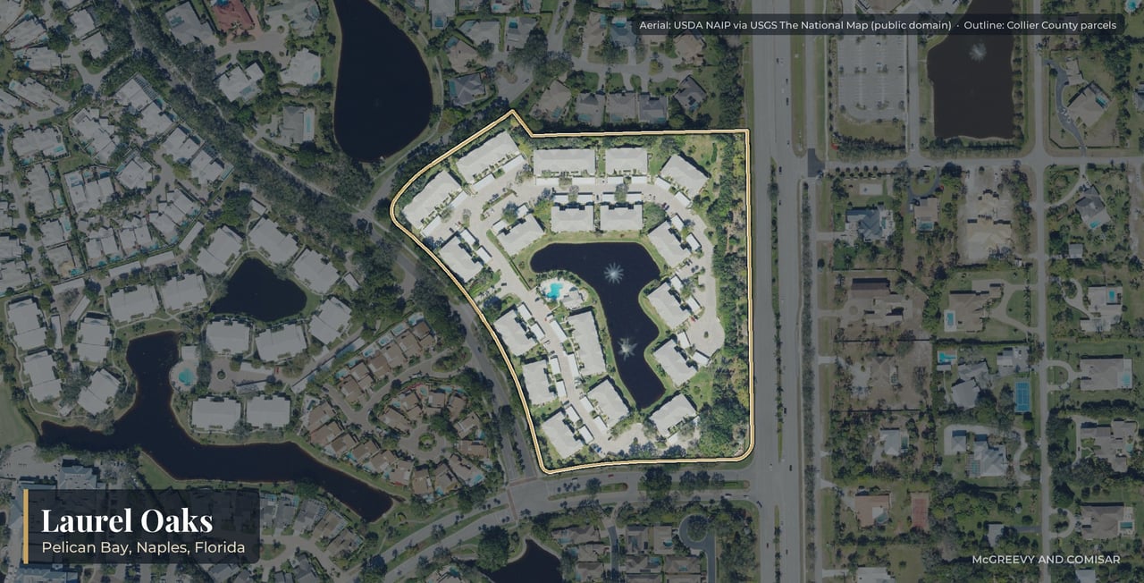 Aerial view of Laurel Oaks at Pelican Bay, Naples, Florida, with its parcels outlined