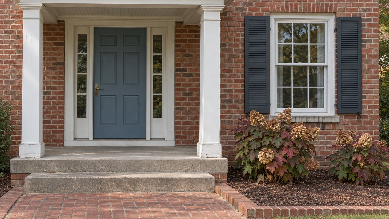 A muted blue front door and white covered entry beside a divided-light window on a red brick home, with oakleaf hydrangeas bordering the brick approach.