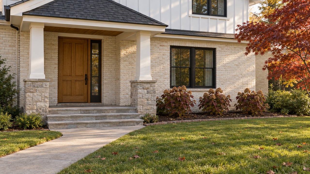 Ivory brick and white board-and-batten home with an oak entry door, limestone porch steps and a red-leaved maple beside the lawn.