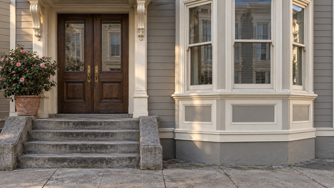 Warm light catches a painted timber bay and paired oak entrance doors above worn limestone steps.