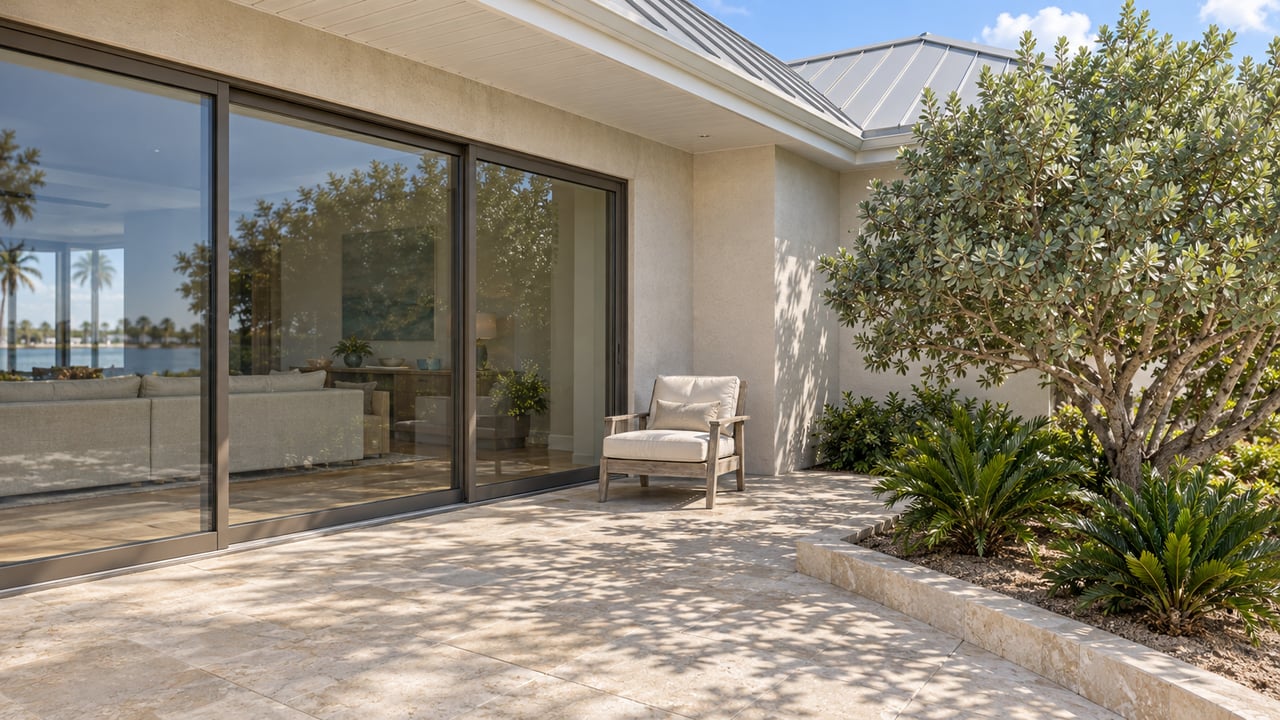 Sunlit limestone terrace beside an ivory stucco home, with closed bronze-framed glass doors, a teak chair and a silver buttonwood.