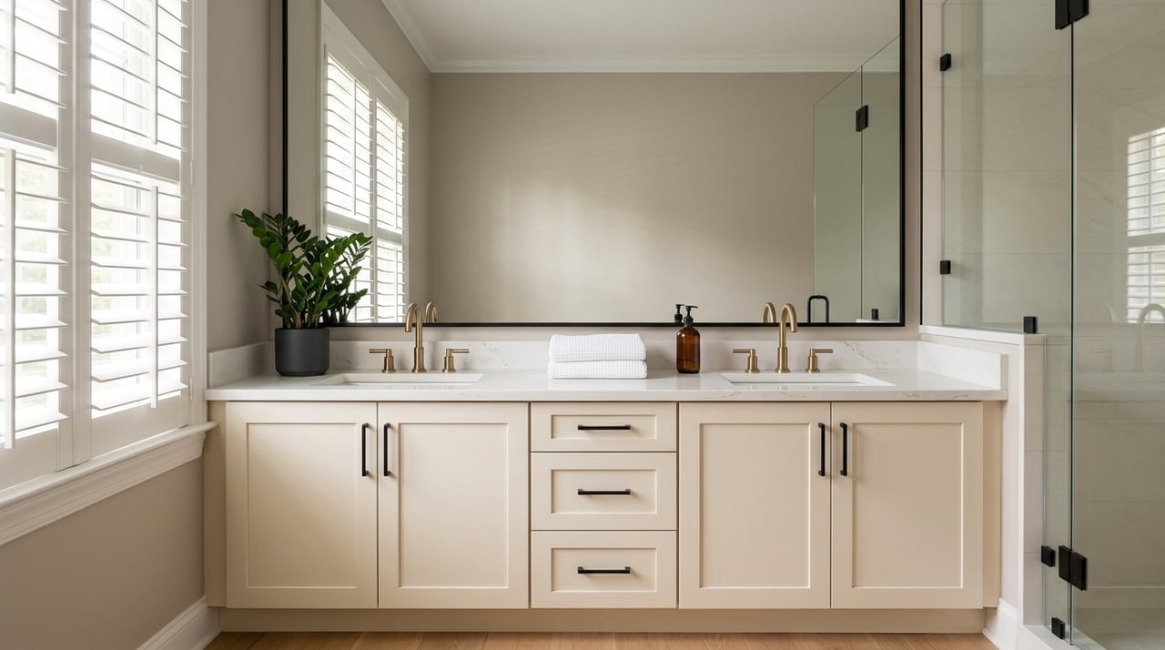 Primary bathroom with a double vanity beneath plantation-shuttered windows.