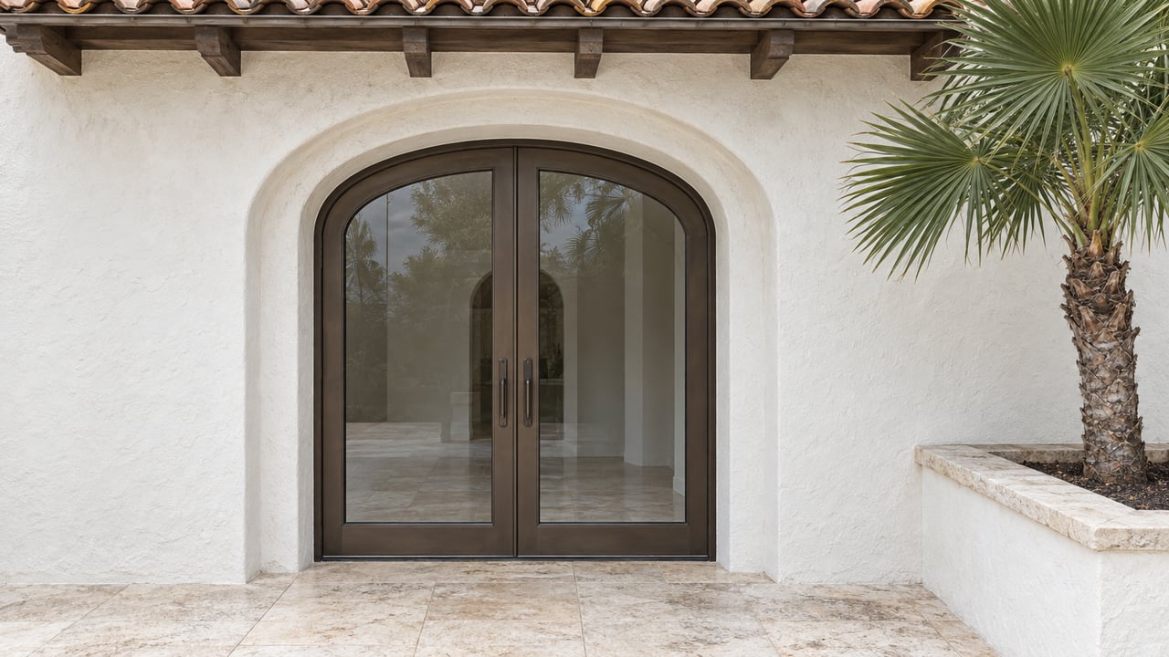 Closed bronze-framed glass doors beneath a white stucco arch, with terracotta eaves and a palm at right.