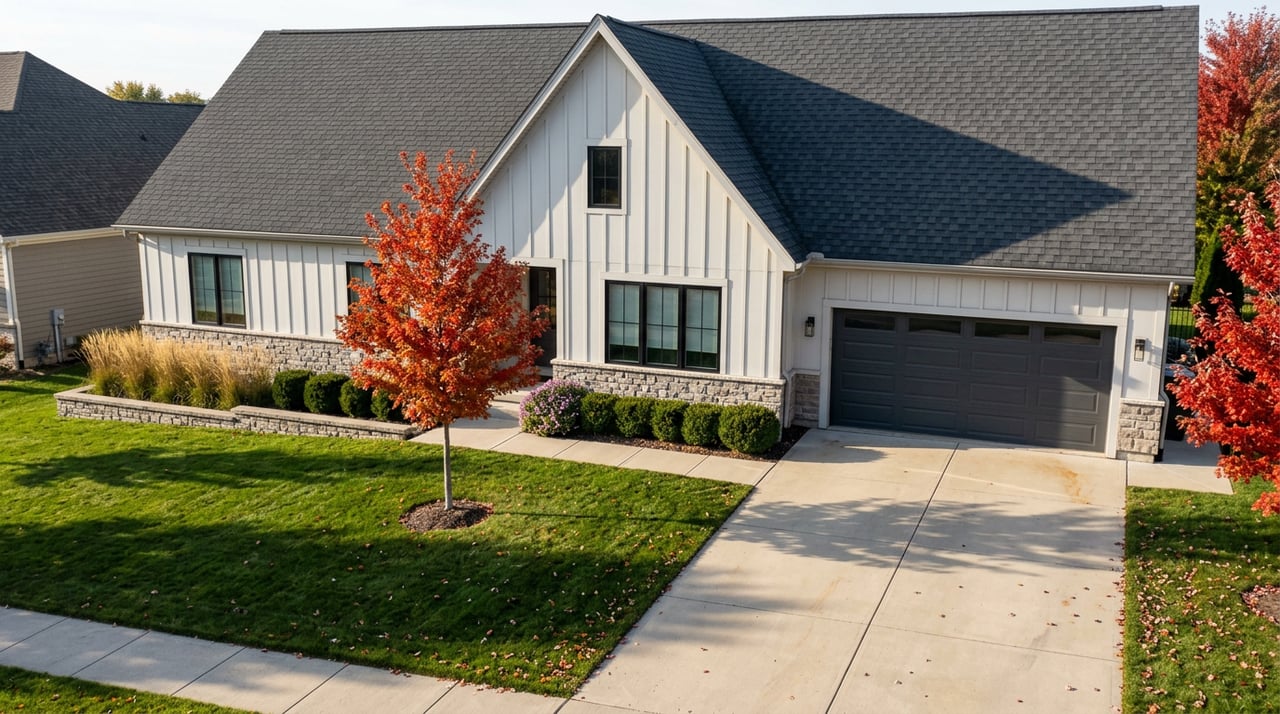 White board-and-batten home with a stone base, charcoal roof, and autumn red maples.